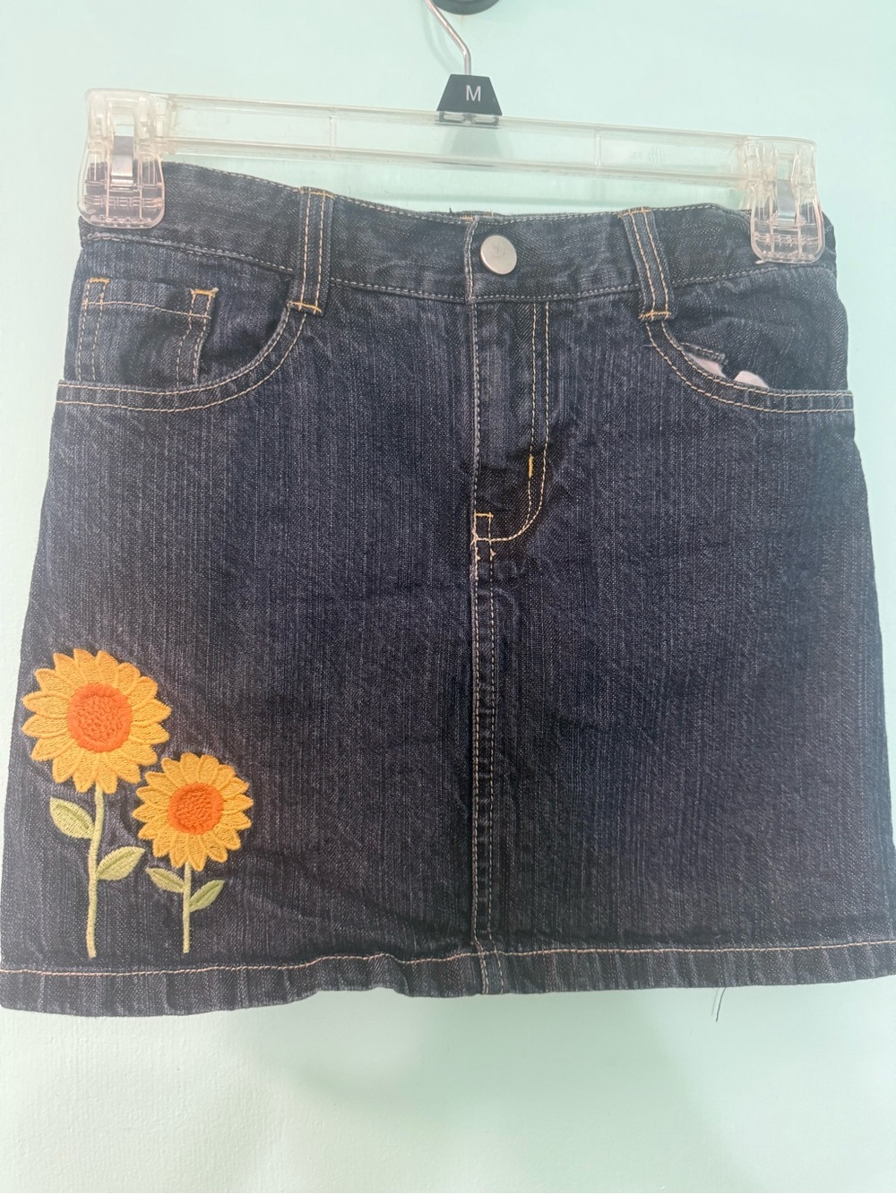 Dark Blue Denim Skort with Sunflower Embroidery